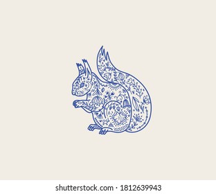 Scandinavian folk animal. Squirrel folk graphic element in line style with ornate decoration, symbols, floral pattern. Nature logo, textile print. Wild squirrel totem animal, vector hand illustration.