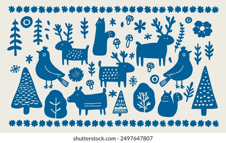 Scandinavian Folk Animals Folklore Raindeer Navy Blue And White Doodle Set Vector Illustration