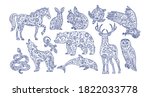 Scandinavian folk animals. Folk graphic elements in line style with ornate decoration, symbols, floral pattern. Nature logo, ethno textile print. Wild totem animal, vector hand drawn illustration.
