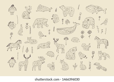 Scandinavian folk animals hand drawn illustrations set