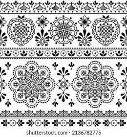 Scandinavian folk art black and white vector seamless textile or fabric print, ncute repetitve design with flowers inspired by lace and embroidery backgrounds. Traditional monochrome  retro art