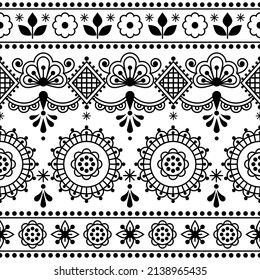 Scandinavian folk art black and white vector seamless textile or fabric print, ncute repetitve design with flowers inspired by lace and embroidery backgrounds. Traditional retro background with floral