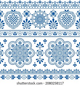 Scandinavian folk art blue vector seamless textile or fabric print, ncute repetitve design with flowers inspired by lace and embroidery backgrounds. Traditional retro background with floral motif