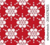 Scandinavian folk art Christmas stamp pattern seamless vector. Floral snowflake Nordic style ornament background. Ethnic design for wallpaper, holiday wrapping paper, xmas fabric textile.