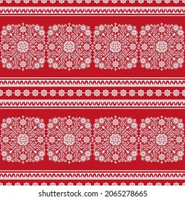 Scandinavian folk art Christmas stamp pattern seamless border vector. Nordic style ornament background. Retro design for holiday wallpaper, gift wrapping paper, season fabric textile.