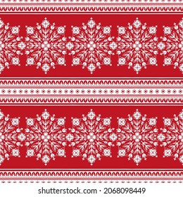 Scandinavian folk art Christmas stamp pattern seamless border vector. Floral Nordic style snowflake ornament background. Flowers design for holiday wallpaper, gift wrapping paper, season textile.