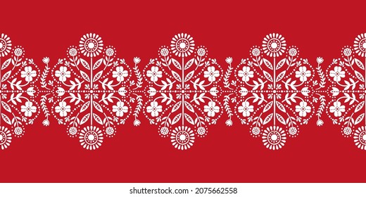 Scandinavian folk art christmas stamp pattern border seamless vector. Floral Nordic style ornament decoration. Norwegian embroidery design for season party invitation, new year sale banner.