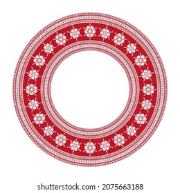 Scandinavian Folk Art Christmas Stamp Pattern Circle Frame Vector. Snowflake Nordic Style Sweater Ornament Border. Vintage Design For Winter Party Invitation, Holiday Card, Season Decoration.