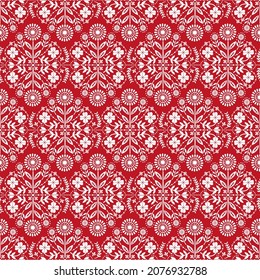 Scandinavian folk art Christmas stamp pattern seamless vector. Floral Norwegian embroidery ornament background. Hygge flowers design for wallpaper, gift wrapping paper, season fabric textile.