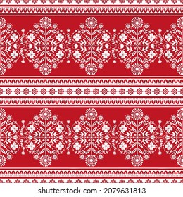 Scandinavian folk art Christmas stamp pattern seamless border vector. Floral Nordic style ornament background. Vintage design for holiday wallpaper, gift wrapping paper, season fabric textile.