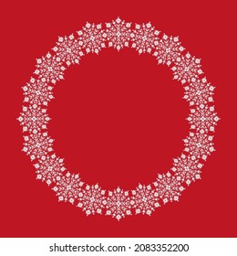 Scandinavian Folk Art Christmas Stamp Pattern Frame Vector. Floral Ethnic Border Red And White Ornament With Flowers. Nordic Circle Design For Holiday Party Invitation, Card, Season Sale Banner.