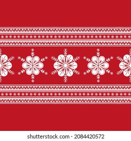 Scandinavian folk art christmas stamp pattern border seamless vector. Snowflake Nordic style sweater ornament decoration. Finnish, Swedish, Dannish and Norwegian style holiday design.