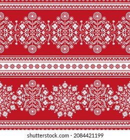 Scandinavian folk art Christmas stamp pattern seamless border vector. Nordic style Floral ornament background. Flowers hygge design for holiday wallpaper, gift wrapping paper, season fabric textile.