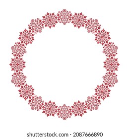 Scandinavian folk art Christmas stamp pattern frame vector. Floral Nordic style ornament border decoration. Folklore circle design for winter party invitation, holiday card, season sale banner.