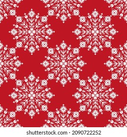 Scandinavian folk art Christmas stamp pattern seamless vector. Floral Snowflake Nordic style ornament background. Retro flowers design for wallpaper, gift wrapping paper, season fabric textile.