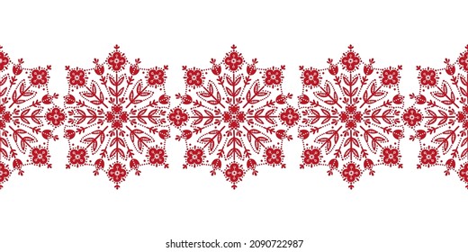 Scandinavian folk art christmas stamp pattern border seamless vector. Ethnic Nordic style flowers ornament decoration. Finnish, Swedish, Dannish and Norwegian style holiday design.