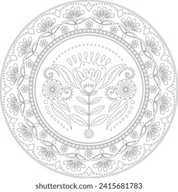 Scandinavian folk art circle mandala. Floral embroidery template. Black outline coloring page