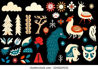 Scandinavian Folk Art Collection set. Nordic ornate symbols and ethnic elements. Nordic animals and floral folk elements in Scandinavian style. Vector illustration