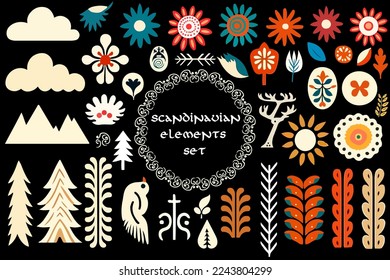 Scandinavian Folk Art Collection set. Collection of nordic ornate symbols and floral folk ethnic elements with clouds and flowers. Vector