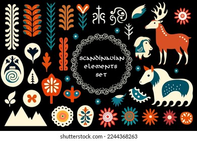 Colección de arte folclórico escandinavo aislada. Símbolos nórdicos ornamentados y elementos folclóricos folclóricos florales con animales, ciervos. Vector