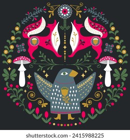 Scandinavian folk art with Crow and Foxes, vector illustration. Symmetrical ornament with different folk composions on black background