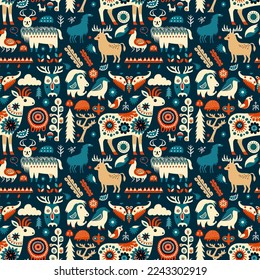 
Scandinavian folk art design seamless pattern with magic animals, flowers, deer, bird and totems. Nordic swedish traditional ornament. Vector illustration. For textile, cover, wallpaper