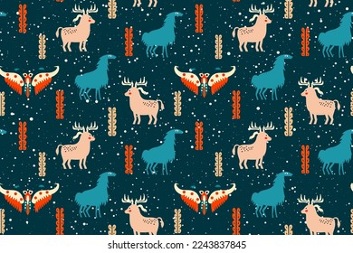 Scandinavian folk art design seamless pattern with reindeer and snowflakes. Nordic traditional ornament. Retro flat design with ethnic elements. Vector illustration. 