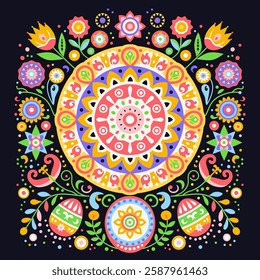 Scandinavian folk art with Easter Eggs, Sun and Flowers, symmetrical vector illustration. Symmetrical ornament with sun and eggs with different colorful folk ornaments on black background