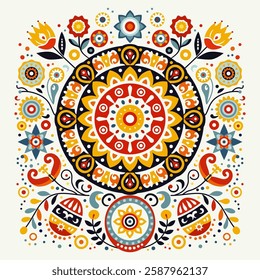 Scandinavian folk art with Easter Eggs, Sun and Flowers, symmetrical vector illustration. Symmetrical ornament with sun and eggs with different colorful folk ornaments on white background