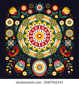 Scandinavian folk art with Easter Eggs, Sun and Flowers, symmetrical vector illustration. Symmetrical ornament with sun and eggs with different colorful folk ornaments on black background