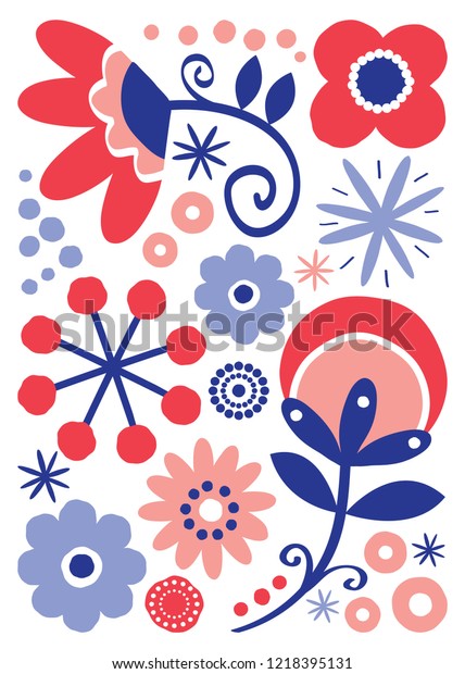 北欧の民芸花柄イラスト 手描きの赤と海軍の青のグリーティングカード 花の招待状 白い背景にレトロな民族の装飾 フリーハンドの花のデザイン のベクター画像素材 ロイヤリティフリー