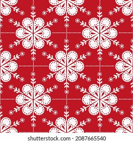 Scandinavian folk art Floral Snowflakes Christmas stamp pattern seamless vector. Folklore Nordic style ornament background. Season design for wallpaper, holiday wrapping paper, xmas fabric textile.