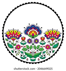 Scandinavian folk art floral vector round pattern, Swedish retro cute floral design in circle. Cute spring mandala with flowers inspired by art from Sweden, leaves and swirls collection - design