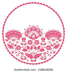 Scandinavian folk art floral vector round pattern, Swedish pink retro cute floral design in circle. Cute spring mandala with flowers inspired by art from Sweden, leaves and swirls collection - design 