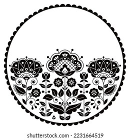 Scandinavian folk art floral vector round pattern, Swedish black and white retro cute floral design in circle. Cute spring mandala with flowers inspired by art from Sweden, leaves and swirls 