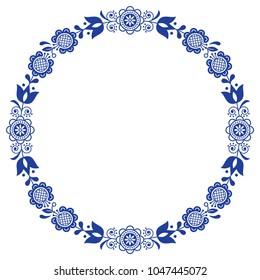 Scandinavian folk art floral werteth, vector ornamental round frame, design with flowers in circle, ethnic composition.

Retro flowers greeting card, birthday or wedding invitation design in navy blue