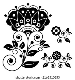 Scandinavian folk art flower vector design set, retro floral patterns collection in black and white inspired by the traditional art from Sweden. Cute monochrome spring flowers, leaves and swirls 