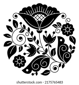 Scandinavian folk art flower vector black and white pattern, retro floral design in circle inspired by the traditional embroidery from Sweden. Cute spring mandala with flowers, leaves and swirls 