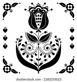 Scandinavian folk art flower vector greeting card design with black and white flower and coners, retro floral patterns inspired by the traditional embroidery from Sweden. 