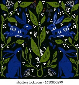 Scandinavian folk art with fox, nordic style blockprint imitation illustration