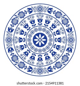 Scandinavian folk art mandala with flowers in navy blue on white