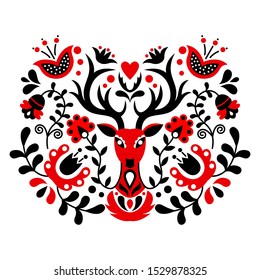 Scandinavian folk art ornament with flowers and deer head on white background. 