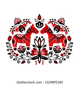 Scandinavian folk art ornament with flowers and Dalecarlian horse on white background. 