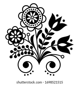 Scandinavian folk art ornament with flowers, Nordic floral design, retro background in black and white, Retro monochrome floral background inspired by Swedish and Norwegian traditional embroidery 
