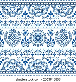 Scandinavian folk art outline vector seamless textile or fabric print, navy blue repetitve design with flowers inspired by lace and embroidery backgrounds
