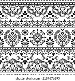 Scandinavian folk art outline vector seamless textile or fabric print, black and white repetitve design with flowers inspired by lace and embroidery backgrounds. Traditional monochrome retro ornament