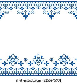 Scandinavian folk art outline vector greeting card and seamless texttile pattern, navy blue retro design with flowers. 
Traditional Nordic ornament with floral motif on white, repetitive  spring decor