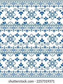 Scandinavian folk art outline vector seamless texttile or fabric print pattern, navy blue retro design with flowers. Traditional Nordic repetitive ornament with floral motif on white, repetitive art