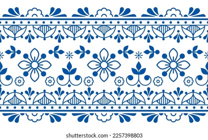 Scandinavian folk art outline vector long horizontal oriented seamless texttile or fabric print pattern, navy blue retro design with flowers. Traditional Nordic repetitive ornament with floral motif 