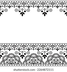 Scandinavian folk art outline vector greeting card and seamless pattern, navy blue retro design with flowers inspired by old embroidery backgrounds in black and white. Monochrome background